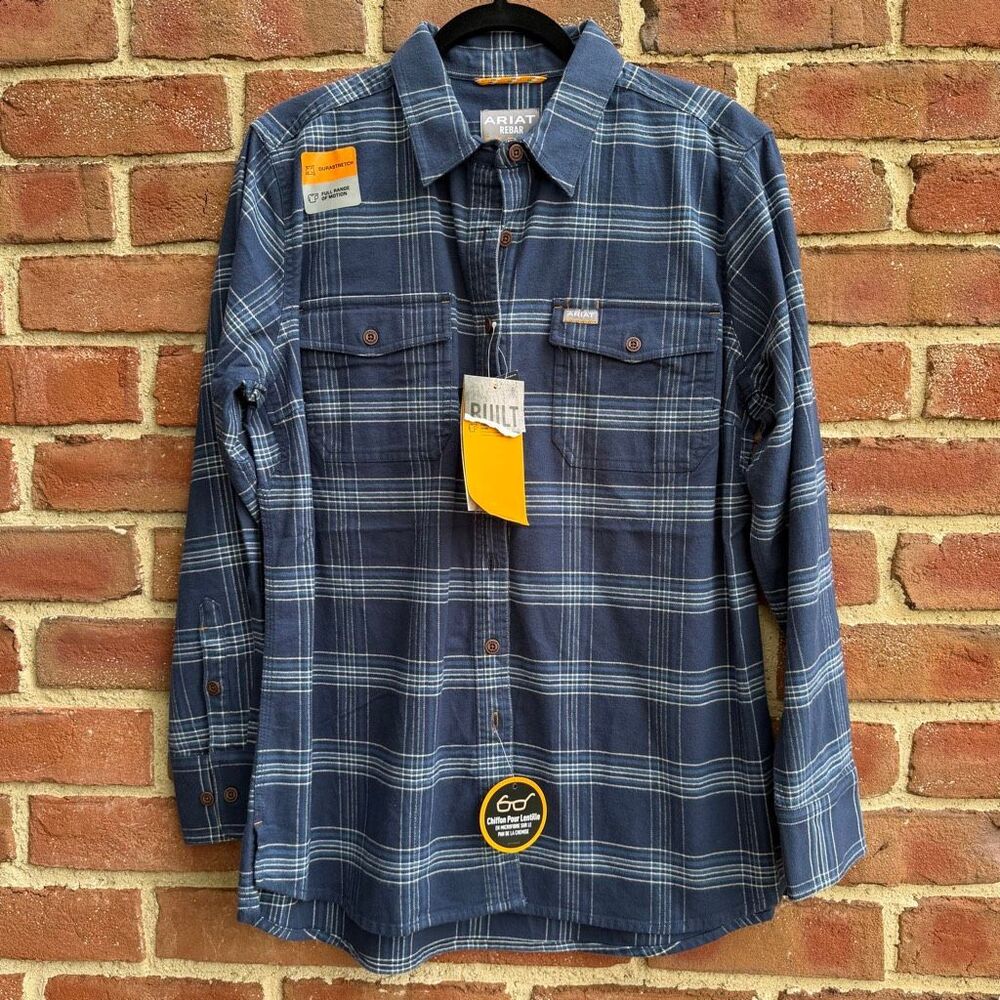 Ariat Rebar DuraStretch Flannel Work Shirt Navy blue Womens Large NWT